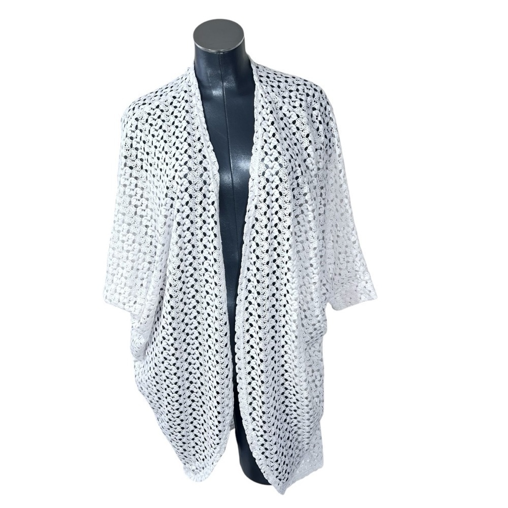 BOBEAU White Crochet Open Front Tunic Cardigan Swimsuit Cover-up Women's Size L - Picture 2 of 12